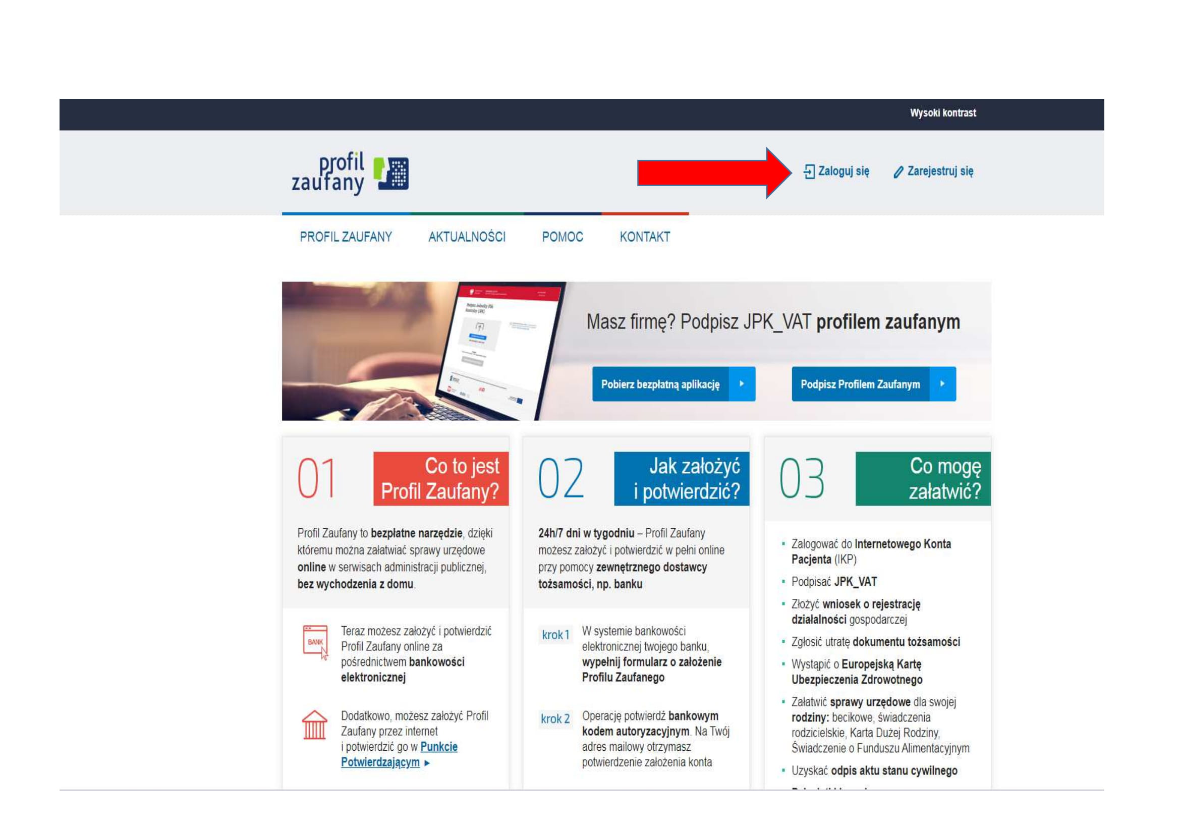 Zdjęcie przedstawia stronę internetową służącą do założenia Profilu Zaufanego z zaznaczeniem czerwoną strzałką miejsca gdzie można się zalogować i zarejestrować na portalu.